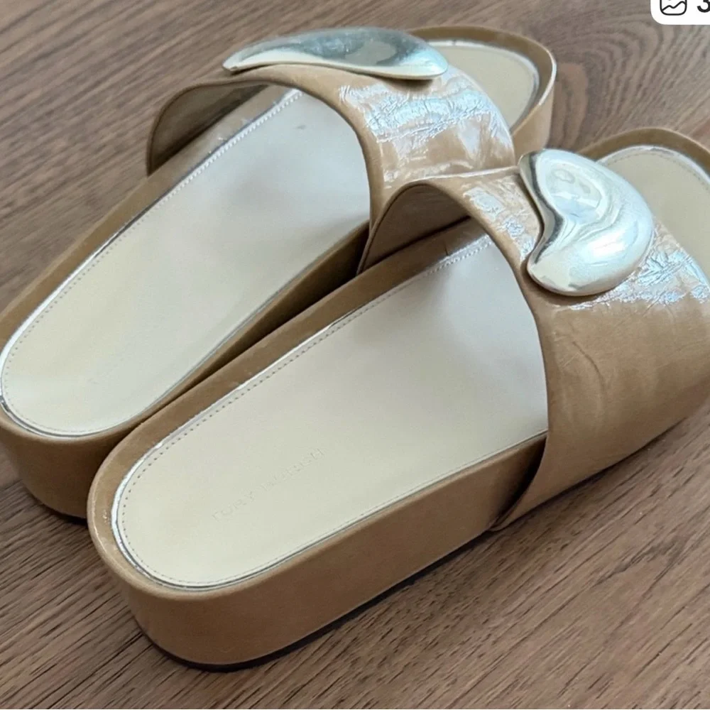 Tory Burch Patos Tan Slide Sandals with Silver Accent - 8.5